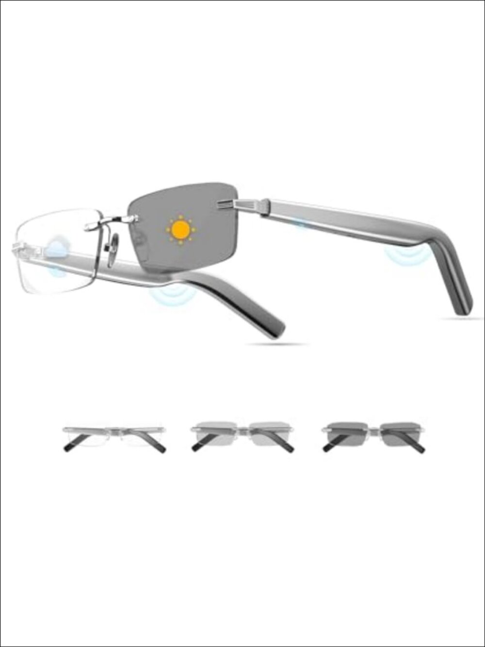 Rimless Photochromic Bluetooth Smart Glasses Open-Ear Speaker Mic UV400